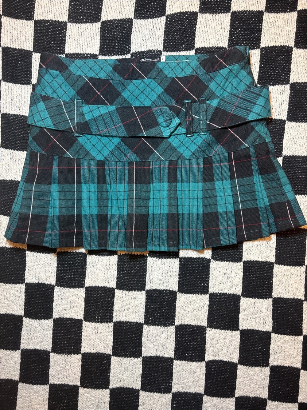 Y2K Teal Plaid Pleated Mini Skirt